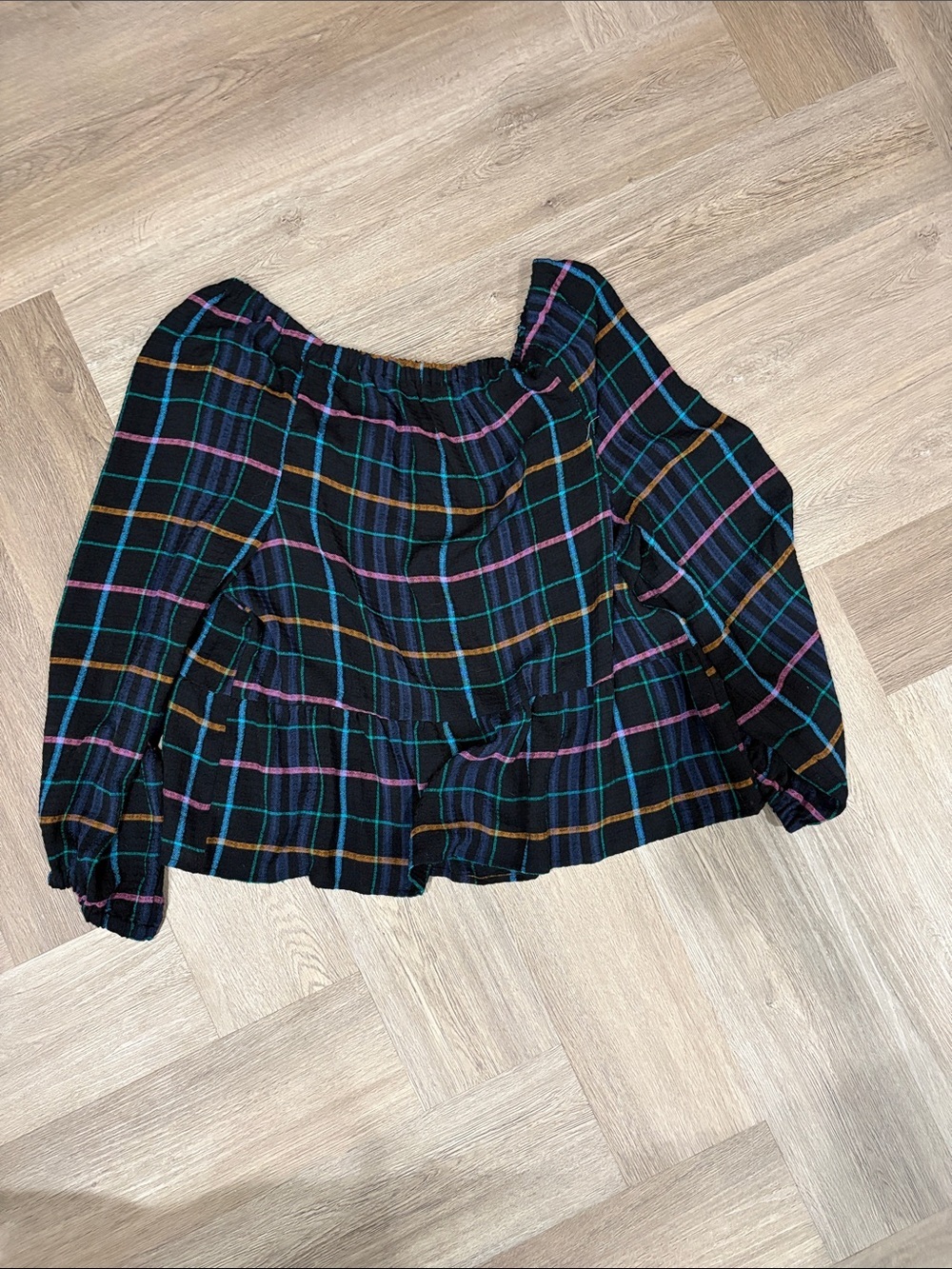 LOFT Black Navy Plaid Off Shoulder Peplum Long Sleeve Blouse Large - Picture 5 of 6